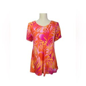 Kai Tropical Blouse Women’s Size M Orange and Pink Made in Hawaii Pop-Over